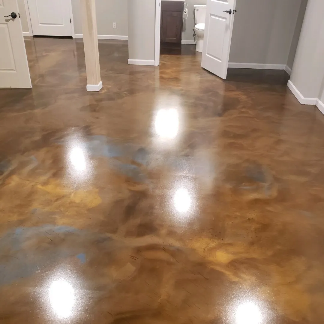 Brown and blue metallic stained concrete floor