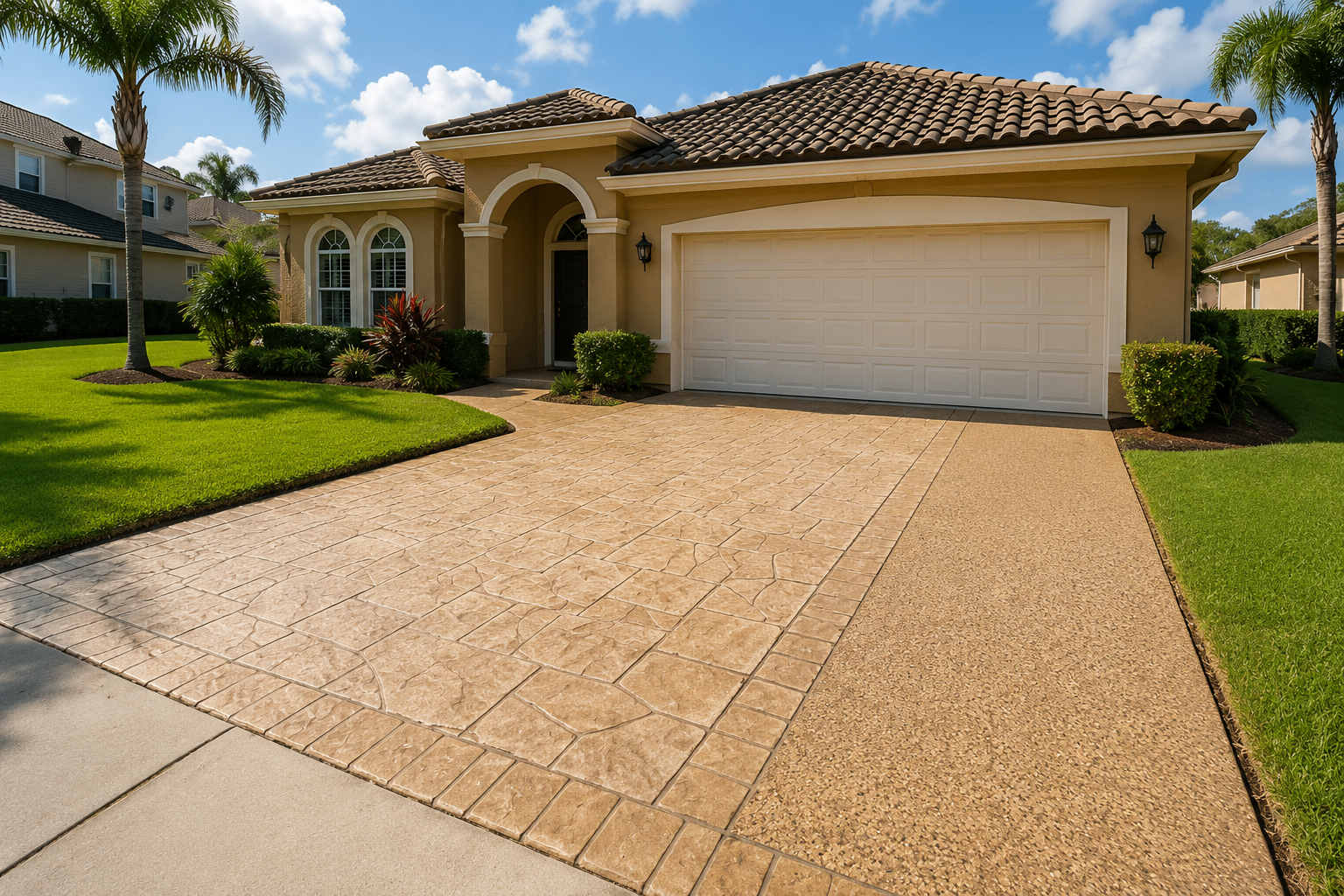 Stamped tan concrete driveway