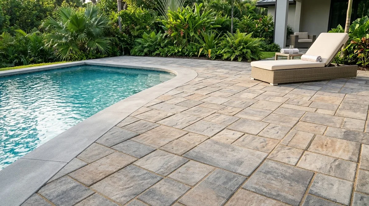 Stone-look stamped overlay pool deck